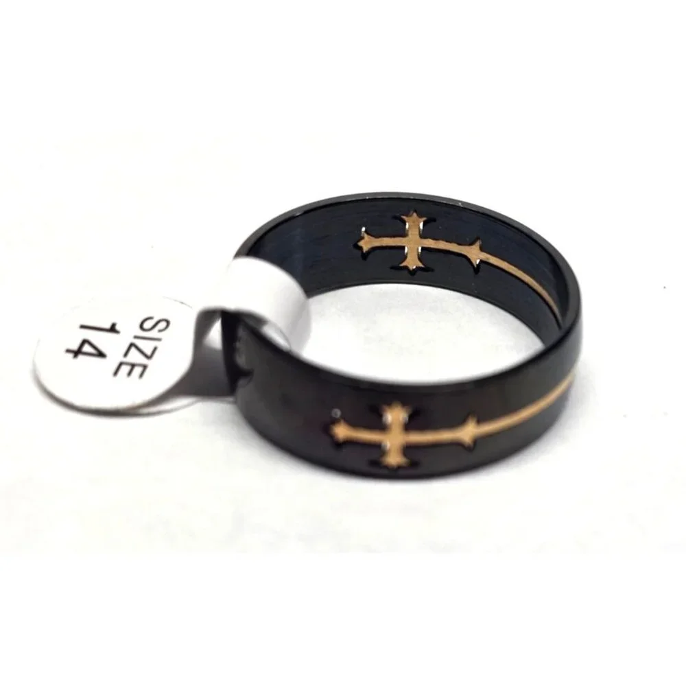 New Black Stainless Steel Ring Gold Tone Cross Inlay Size 14.5 Unisex Band Chris